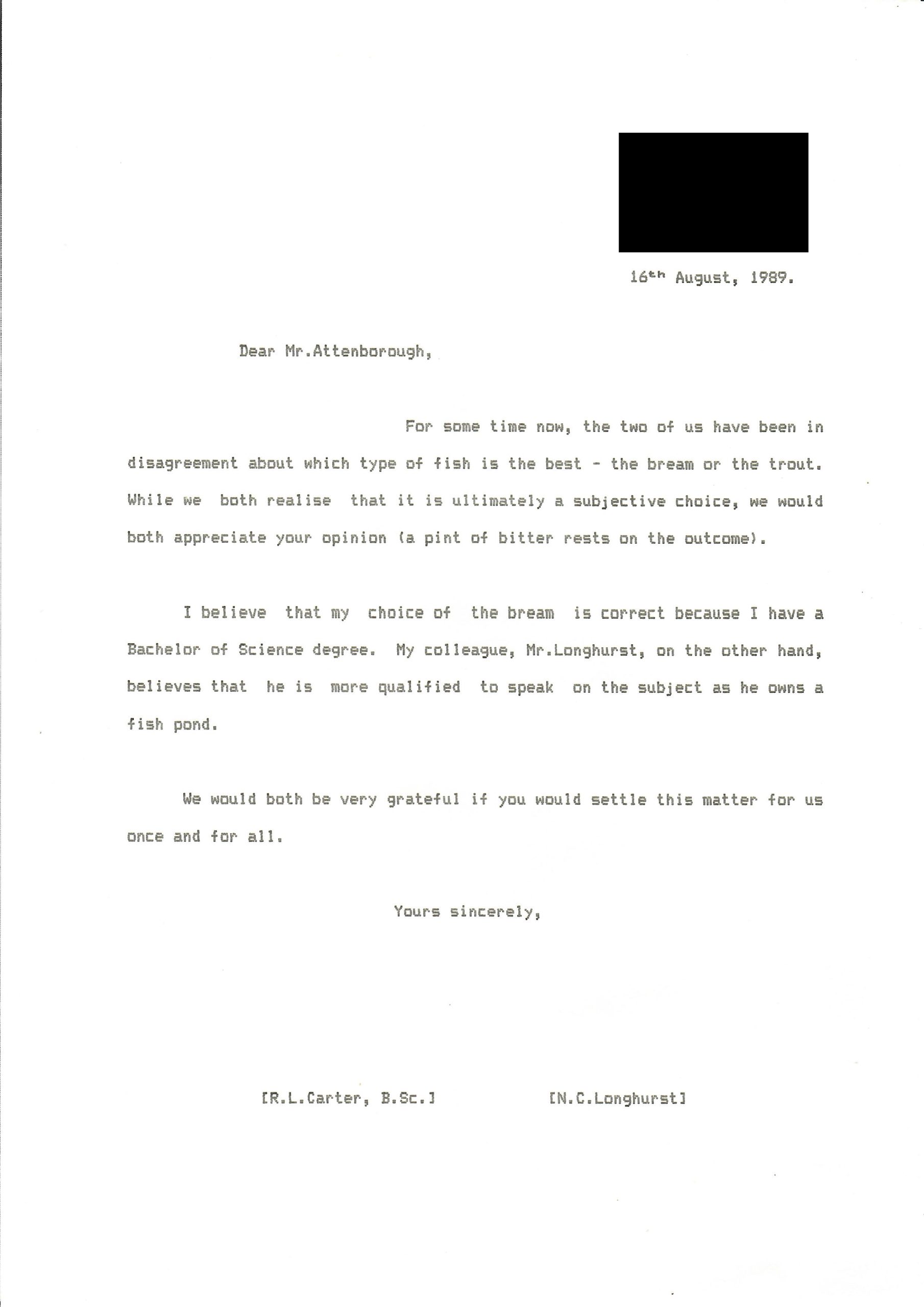 Letter to David Attenborough, 16-Aug-1989